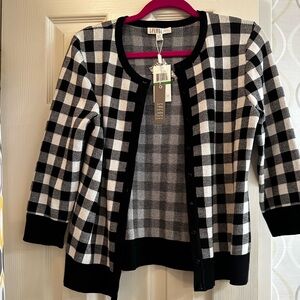 Spence petite large black and white checked cardigan sweater NWT